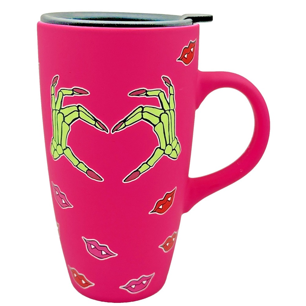 Cobwebs & Cauldrons Pink Skeleton Hands Fangs Travel Coffee Mug w/ Lid NWT